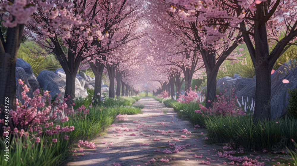 Blossoming cherry trees lining a peaceful pathway in spring Blossoming cherry trees lining a peaceful pathway in spring