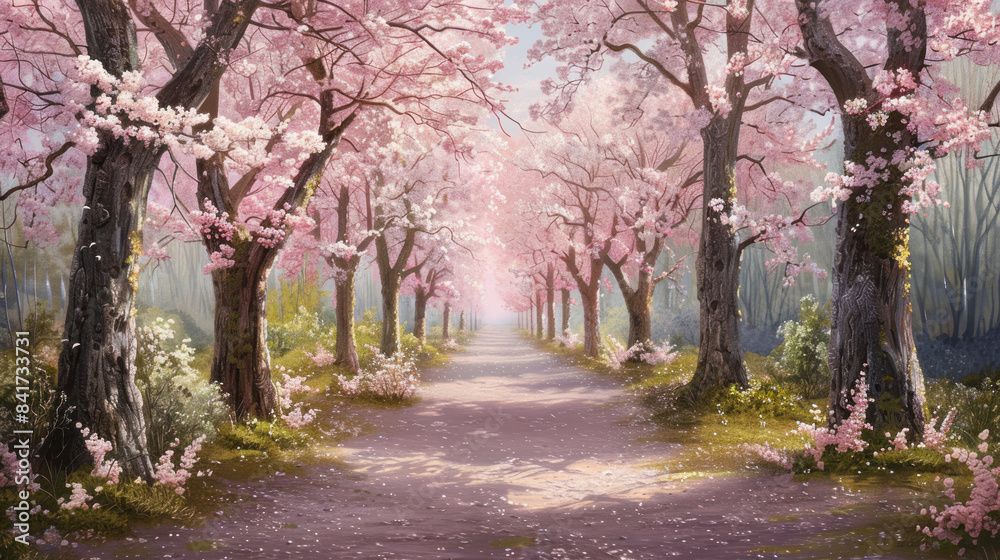 Blossoming cherry trees lining a peaceful pathway in spring Blossoming cherry trees lining a peaceful pathway in spring