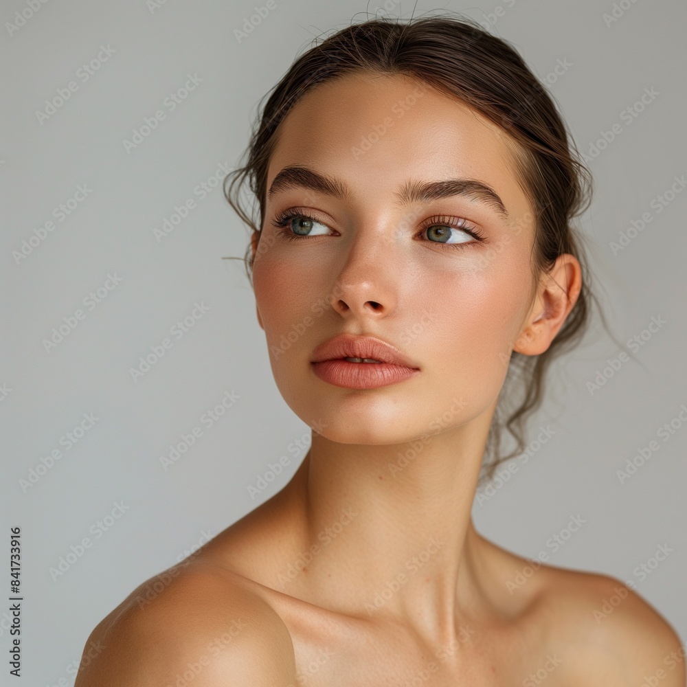 Portrait of an elegant woman with natural makeup, gazing to the side. Emphasizing her clear skin and serene expression against a neutral background. Portrait of an elegant woman with natural makeup, gazing to the side. Emphasizing her clear skin and serene expression against a neutral background.