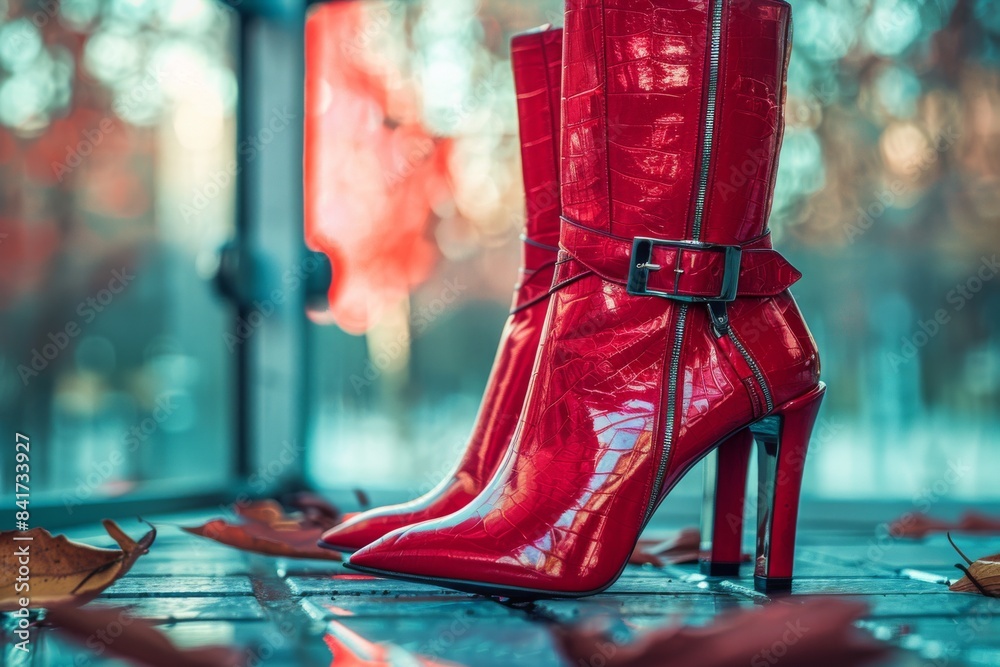 Step out in style with these stunning red high-heeled boots, featuring eye-catching metallic buckles. Step out in style with these stunning red high-heeled boots, featuring eye-catching metallic buckles.
