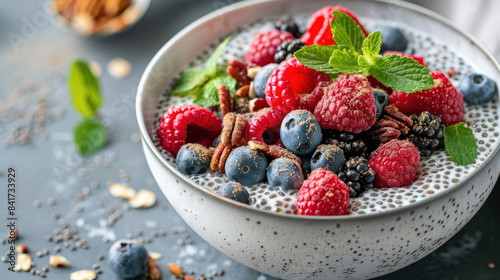Bowl of chia pudding topped with fresh berries and nuts