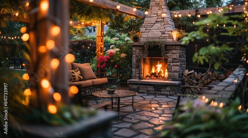 Warm and inviting outdoor patio scene with a stone fireplace, string lights, and comfortable seating, creating a cozy and tranquil atmosphere.