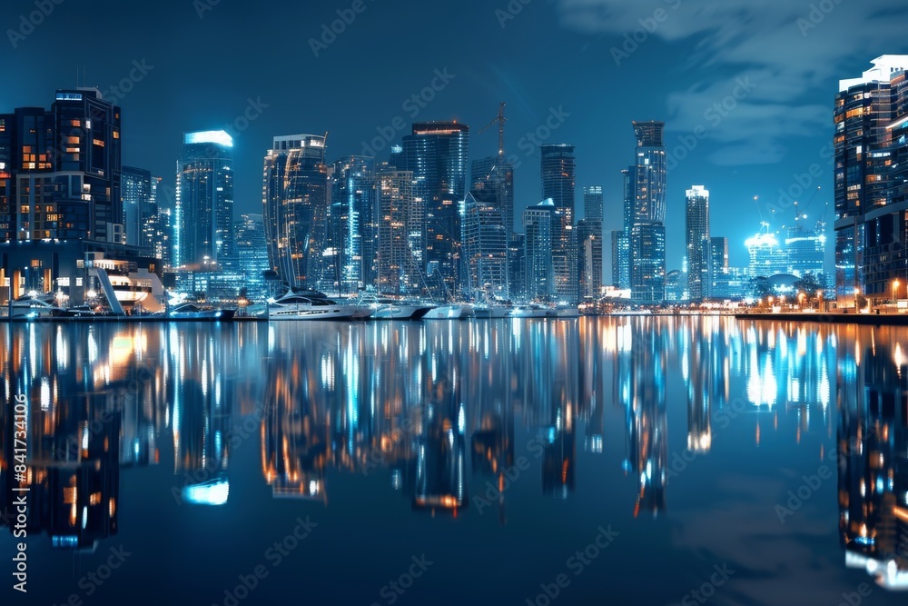 Fototapeta premium Experience the tranquil beauty of a city's waterfront at night, where the shimmering lights of boats and buildings create a mesmerizing reflection on the calm waters.