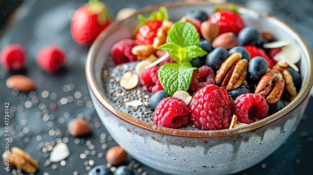 Bowl of chia pudding topped with fresh berries and nuts Bowl of chia pudding topped with fresh berries and nuts