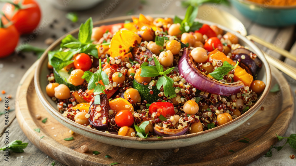 Bowl of quinoa salad with roasted vegetables and chickpeas Bowl of quinoa salad with roasted vegetables and chickpeas