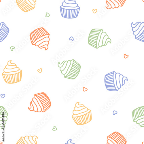 Seamless pattern with colorful cupcakes and hearts