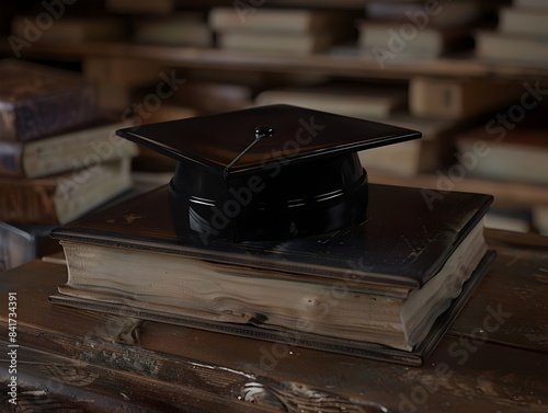 Graduation Cap and Books on Wooden Desk Education Knowledge and Academic Achievement