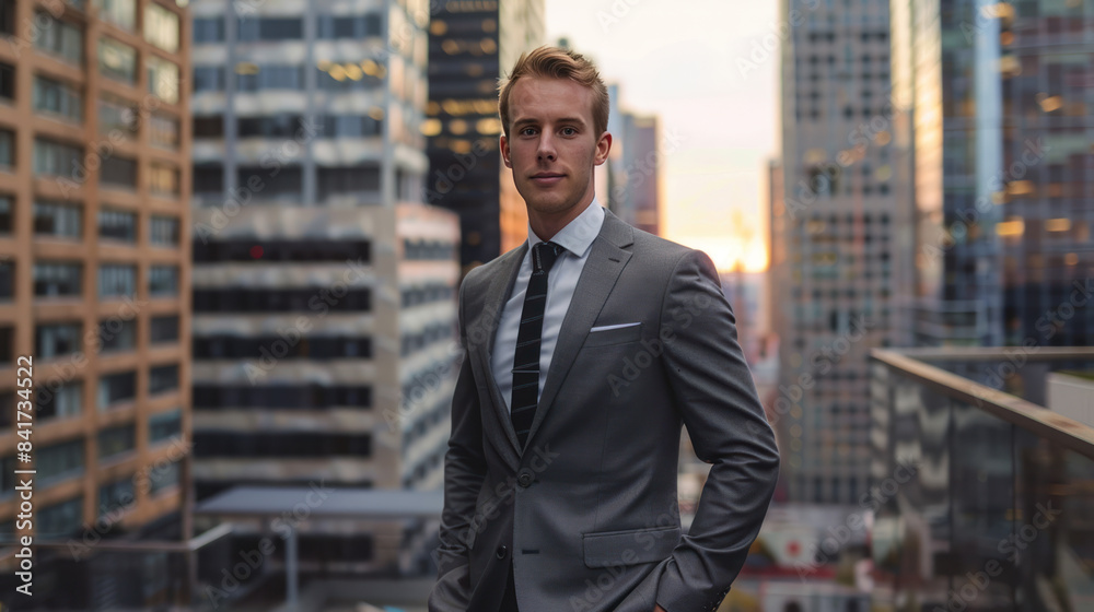 Business professional in a sleek suit with a city backdrop Business professional in a sleek suit with a city backdrop
