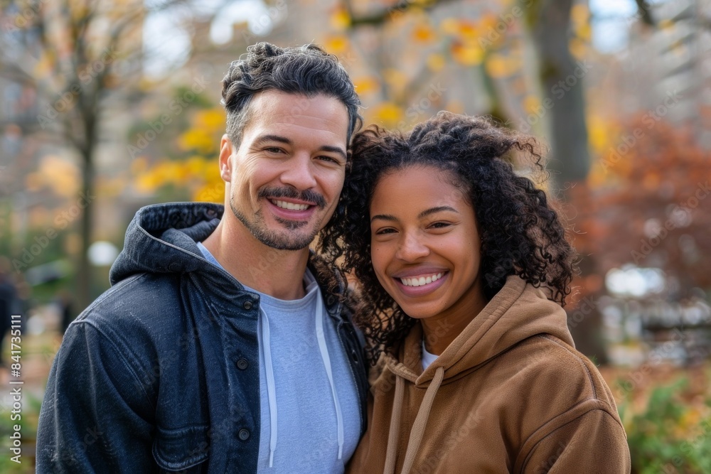 Portrait of a happy mixed race couple in their 30s sporting a comfortable hoodie in vibrant city park Portrait of a happy mixed race couple in their 30s sporting a comfortable hoodie in vibrant city park