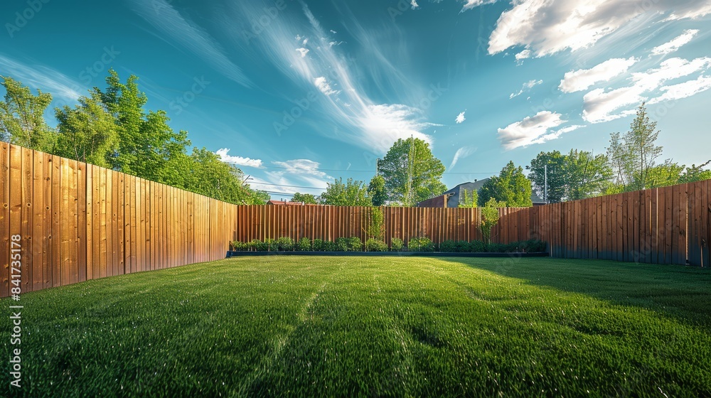 Fototapeta premium Spacious Backyard with Green Lawn and Wooden Fence