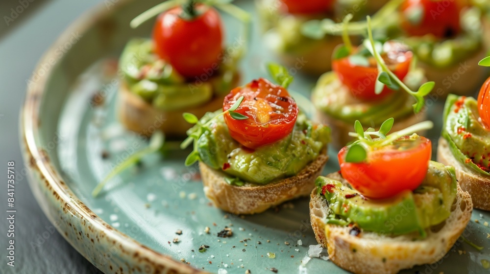 Gourmet toast topped with avocado, cherry tomatoes, and microgreens, arranged on a ceramic plate. Gourmet toast topped with avocado, cherry tomatoes, and microgreens, arranged on a ceramic plate.