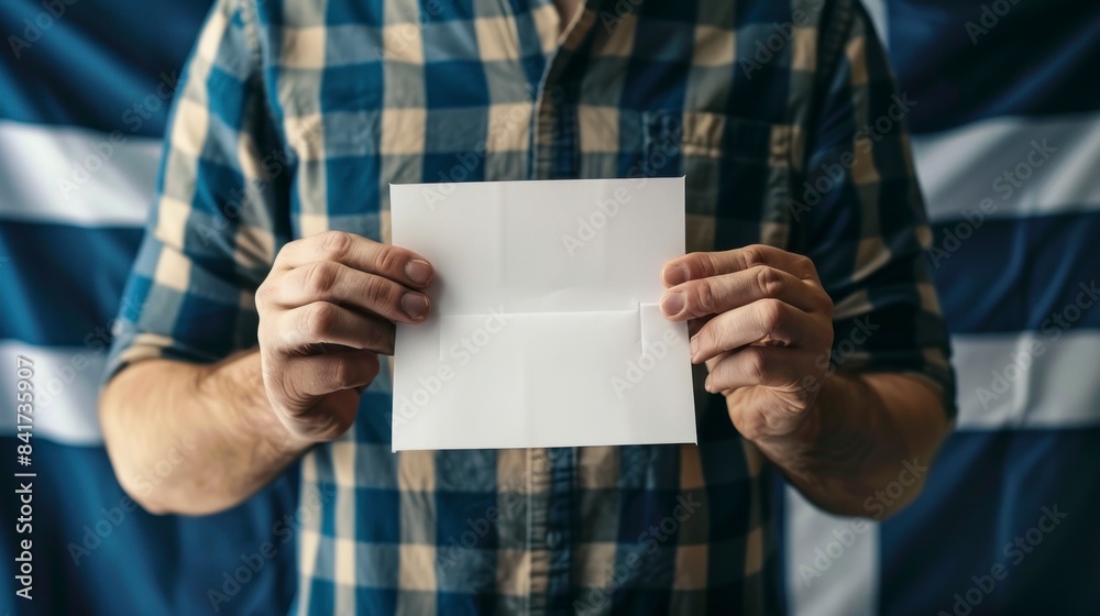 person holding a white voting paper with the flag of Finland in the background