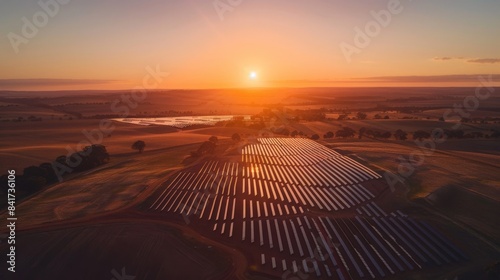 A large solar farm at sunset  the panels catching the last golden rays of the day  highlighting renewable energy and environmental sustainability.
