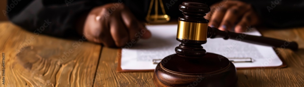 Wooden gavel with blurred judge's hand writing on paper Wooden gavel with blurred judge's hand writing on paper