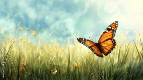 Butterfly on a sunlit meadow with a gentle breeze