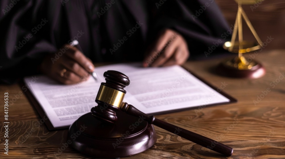 Wooden gavel with blurred judge's hand writing on paper Wooden gavel with blurred judge's hand writing on paper