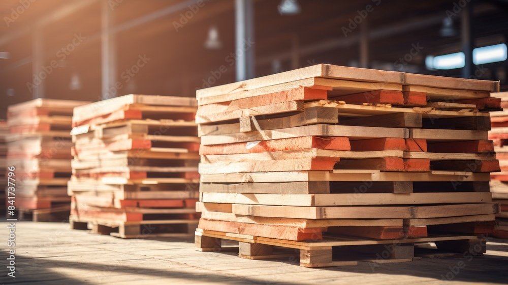 Wooden distribution logistics pallets in warehouse Wooden distribution logistics pallets in warehouse