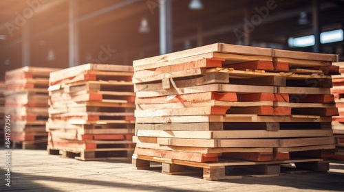 Wooden distribution logistics pallets in warehouse