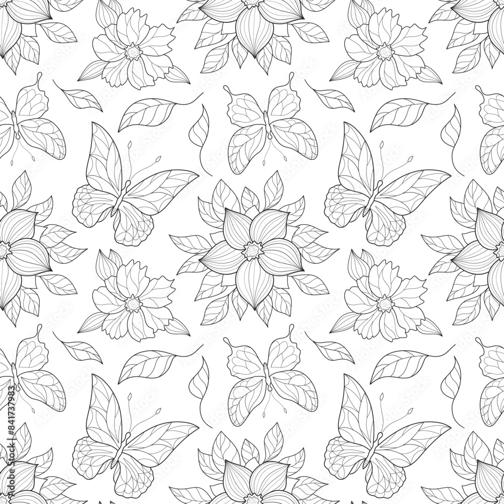 Floral pattern with butterflies and flowers, seamless background with flowers and butterflies outline. Floral pattern with butterflies and flowers, seamless background with flowers and butterflies outline.