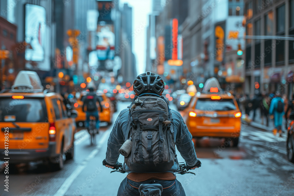 Obraz premium Urban cyclist on rain-slicked street