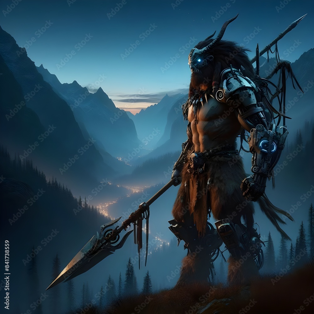Naklejka premium Tribal Cyborg Warrior Overlooking Mountain Valley 
