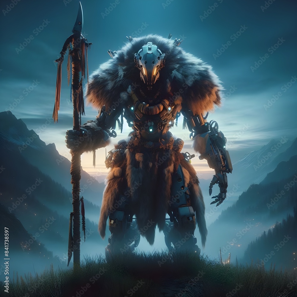 Naklejka premium Armored Tribal Cyborg in Mountainous Terrain 