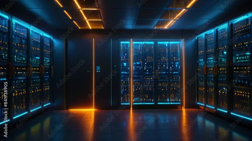 A dark room with many tall cabinets of computer servers with bright blue and orange lights. A dark room with many tall cabinets of computer servers with bright blue and orange lights.