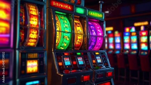 Video slot machine with bright lights and symbols such as bells and cherries.