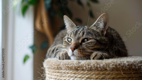 Cat enjoying a scratching post in a cozy corner