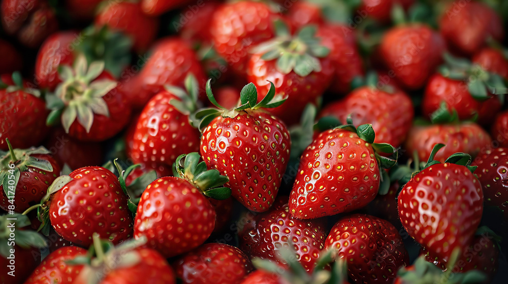 Close-up view of fresh, ripe strawberries with vibrant red color and green leaves. Close-up view of fresh, ripe strawberries with vibrant red color and green leaves.