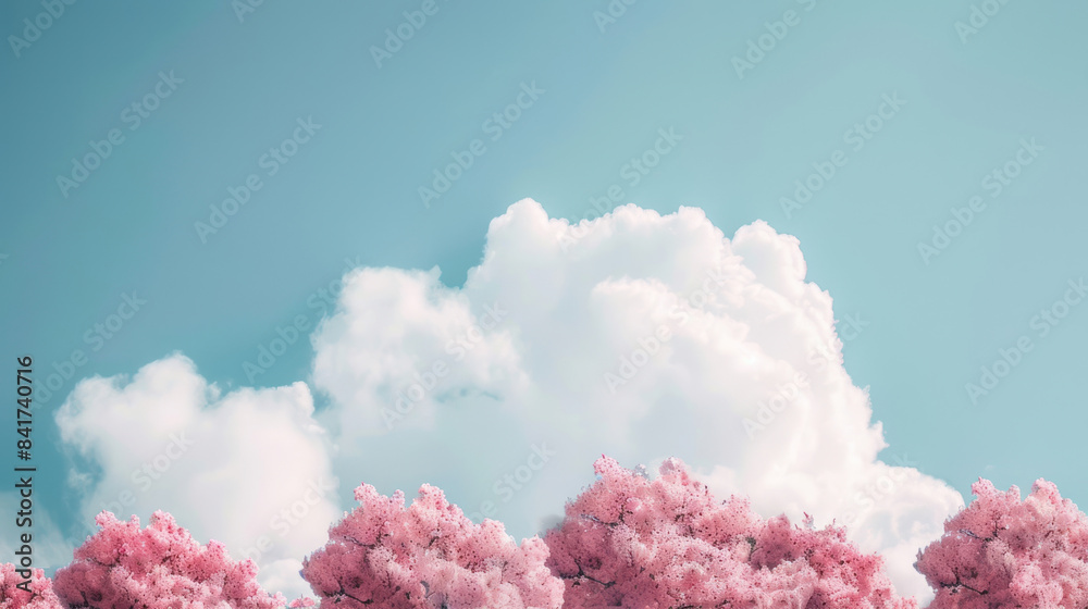 Cherry blossoms in peak bloom against a backdrop of fluffy white clouds Cherry blossoms in peak bloom against a backdrop of fluffy white clouds