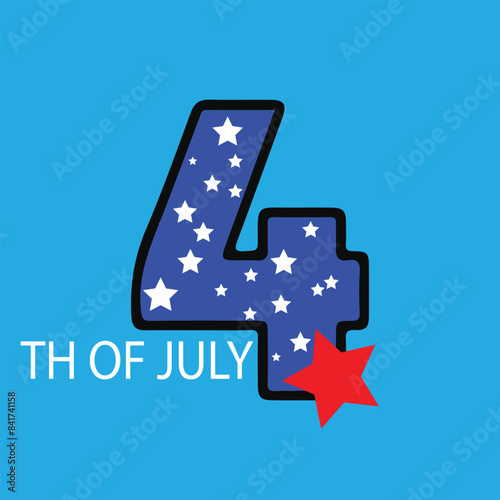 4th of July Number 4 with Stars. Patriotic Independence Day Typography or Decoration Vector..Art & Illustration