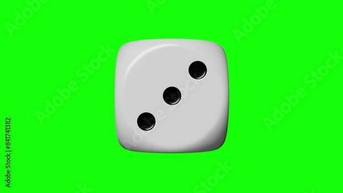 Single dice turning on green background. 3d loopable animation