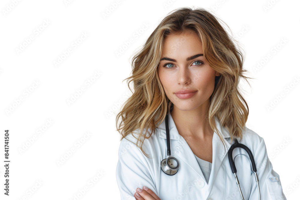 Smiling female doctor with stethoscope, isolated on transparent background Smiling female doctor with stethoscope, isolated on transparent background