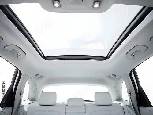 Bright and Airy Luxury Vehicle Interior with Panoramic Sunroof Providing Expansive Sky View