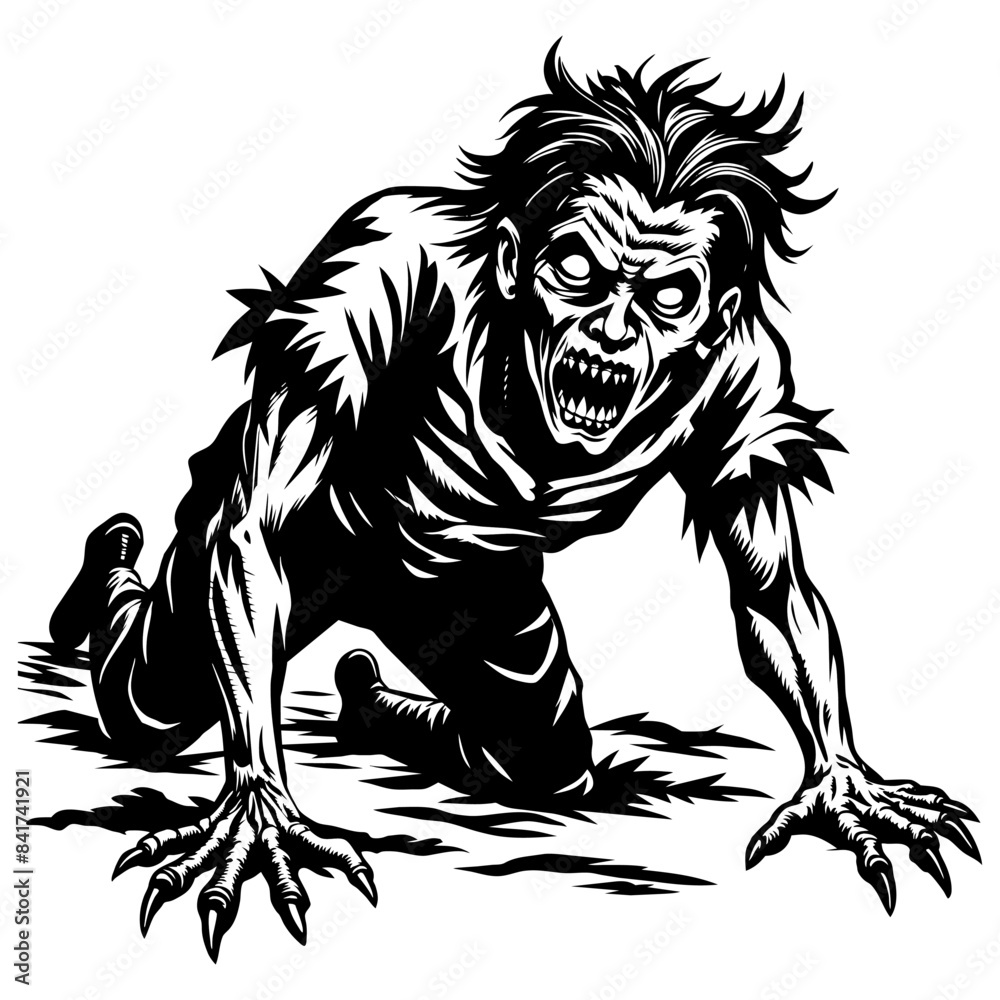 Obraz premium Spooky black and white handdrawn illustration of terrifying zombie creature crawling for halloween and horror designs