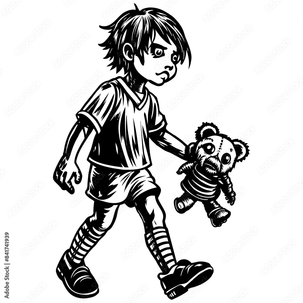 Zombie child dressed for halloween, walking and holding a distressed bear, depicted in black and white Zombie child dressed for halloween, walking and holding a distressed bear, depicted in black and white