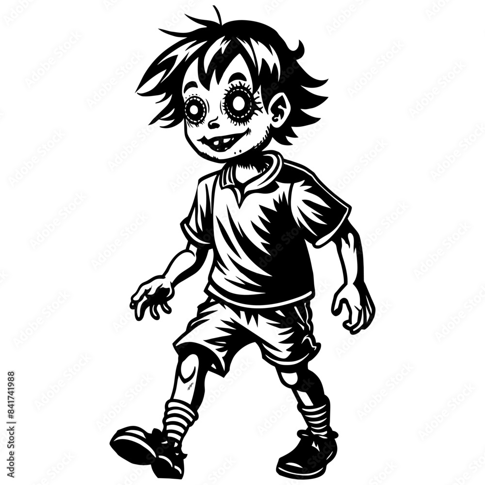 Black and white illustration of a zombie child walking with a playful smile, perfect for halloween designs and decorations Black and white illustration of a zombie child walking with a playful smile, perfect for halloween designs and decorations