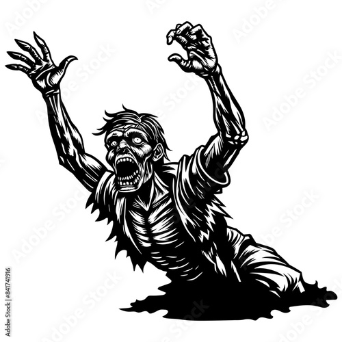 Black and white zombie man climbing out, perfect for halloween decorations and horror projects