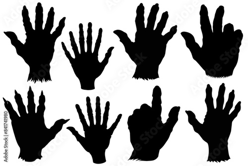 Creepy zombie hand silhouettes collection for halloween decoration and graphic design. Halloween set with scary and spooky black and white undead gestures. Reaching and grasping