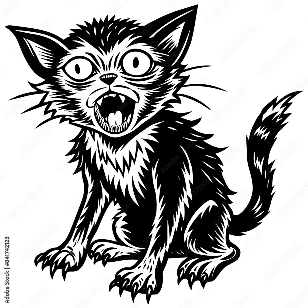 Spooky zombie cat halloween illustration vector artwork for chilling october themed holiday seasonal event celebration and party advertising with terrifying black and white