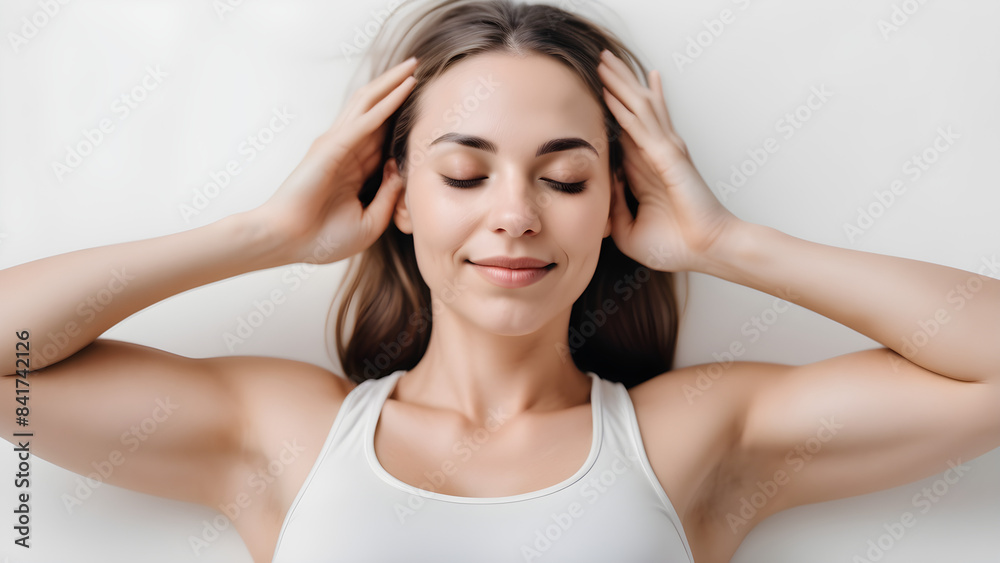 A woman wearing yoga clothes lies comfortably with her eyes closed. She has a smile on her face. A woman wearing yoga clothes lies comfortably with her eyes closed. She has a smile on her face.