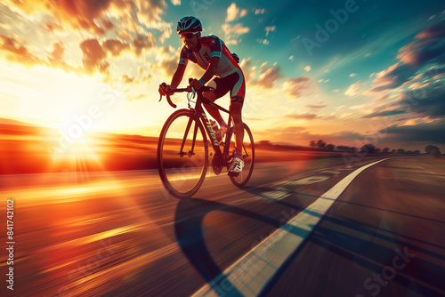 Ad for sportswear, professional cyclist riding on the road at sunset, 