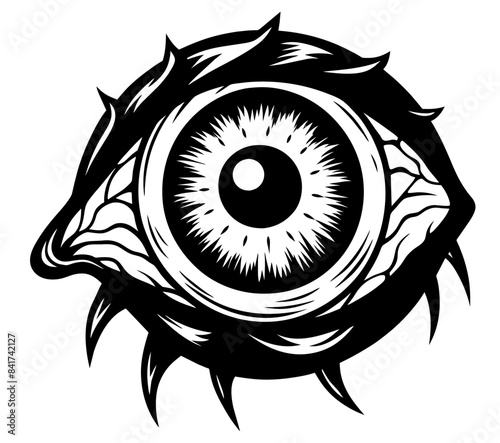 Detailed monochrome creepy zombie eye for halloween costume with a scary, spooky, and eerie design, perfect for a gothic and macabre print or decoration