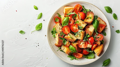 An image of a juicy, verdant summer meal for mindful of our health bodies depicts a panzanella salad with tender tomatoes and crusted breads in a bowl over a white setting and space, Generative AI.