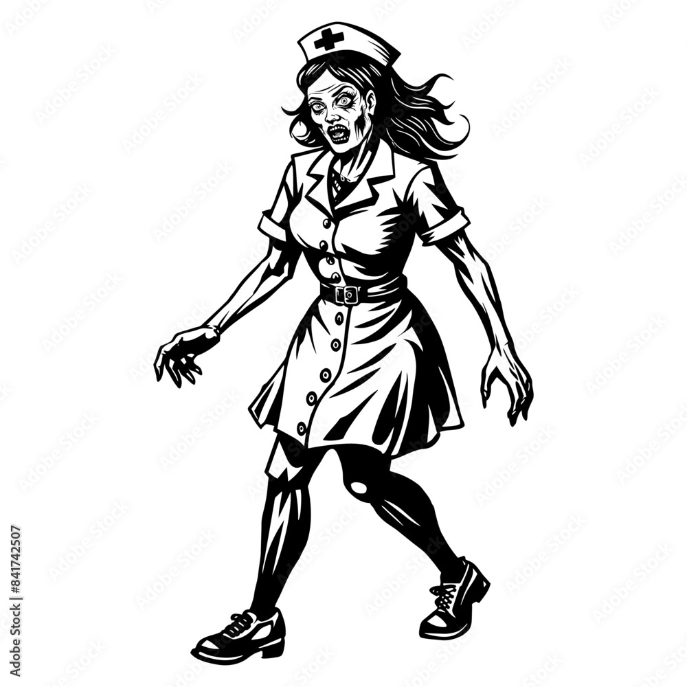 Spooky halloween concept, zombie nurse woman in creepy black and white medical uniform for haunting themed designs and eerie party events Spooky halloween concept, zombie nurse woman in creepy black and white medical uniform for haunting themed designs and eerie party events