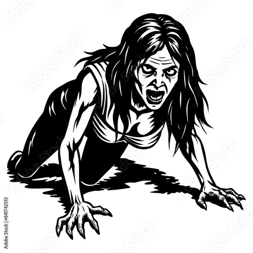 Chilling black and white illustration of an undead woman crawling aggressively, perfect for halloween designs and horror concepts