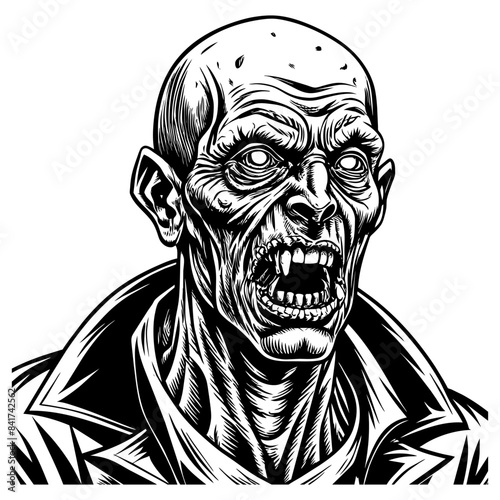 Detailed black and white illustration of a zombie man's head, perfect for halloween projects or horror concepts