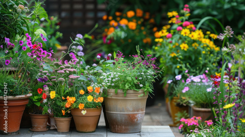 Container garden on a patio with a mix of flowers and herbs