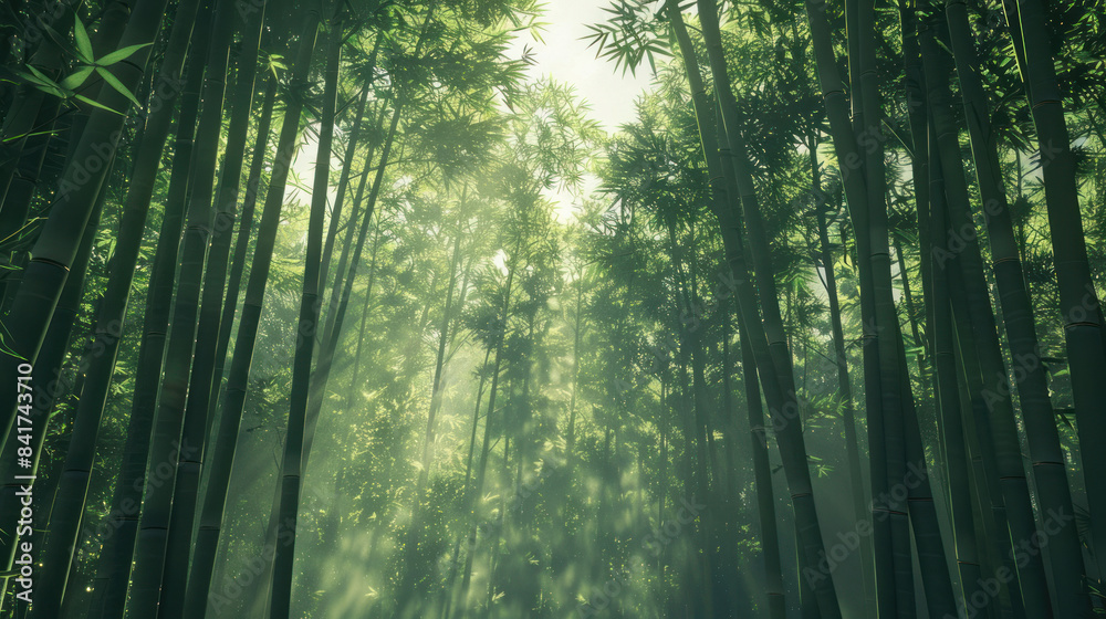 Fototapeta premium Dense bamboo forest with sunlight filtering through tall stalks